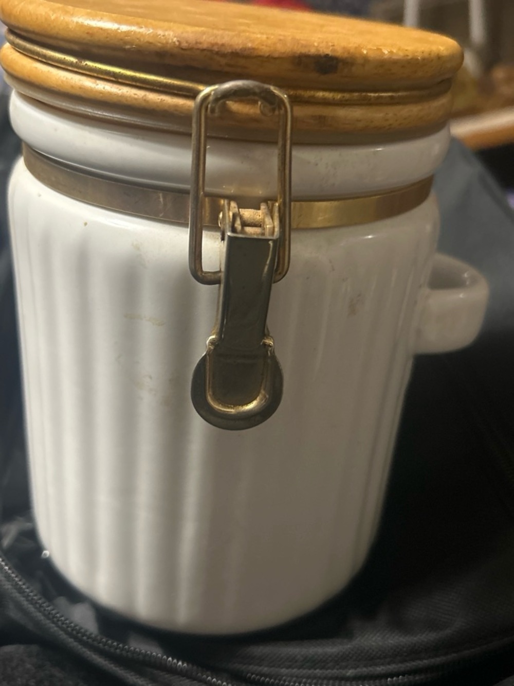 White Ceramic Canister with Wood Lid and Gold Accent